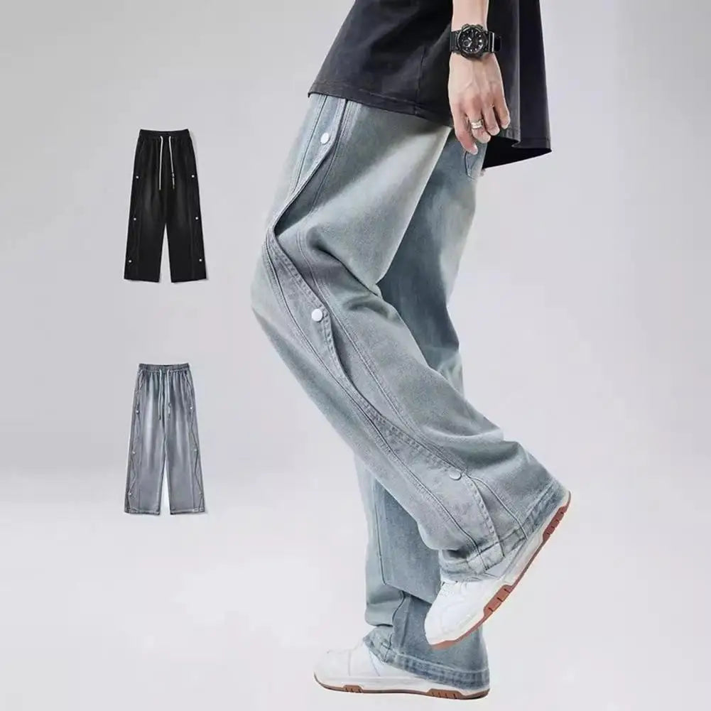 Elastic Waist Denim Men's Summer Denim Pants Adjustable Drawstring Streetwear