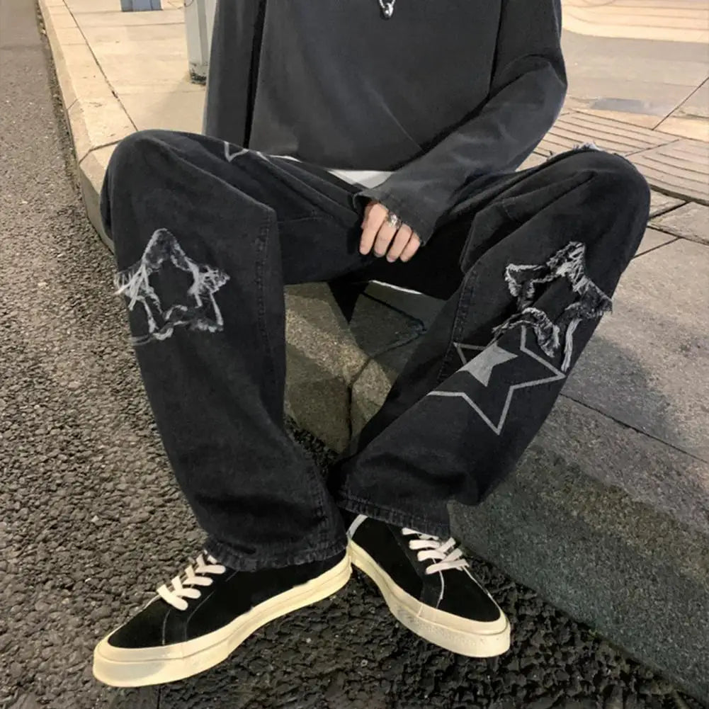 Men Denim Pants Five-pointed Star Pattern Embroidery Loose Wide Leg Streetwear