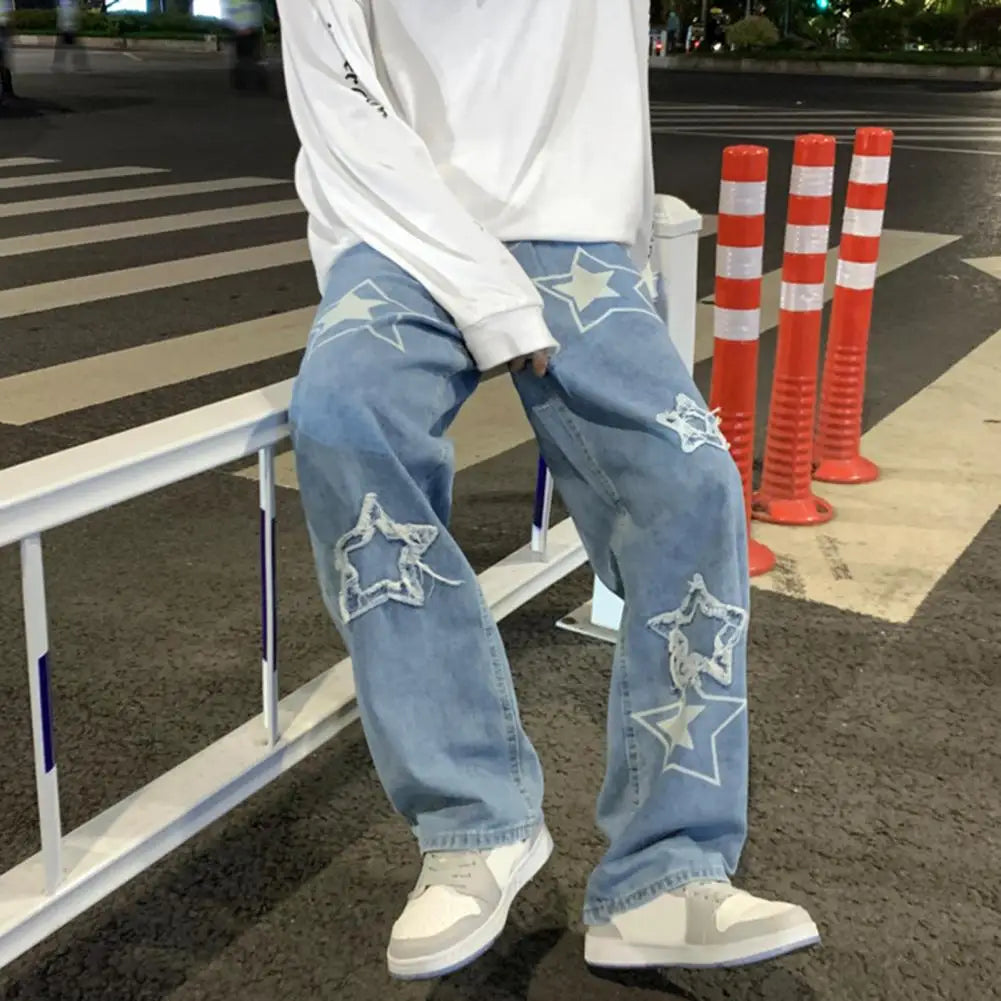 Men Denim Pants Five-pointed Star Pattern Embroidery Loose Wide Leg Streetwear