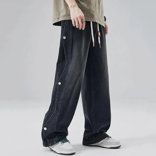 Elastic Waist Denim Men's Summer Denim Pants Adjustable Drawstring Streetwear