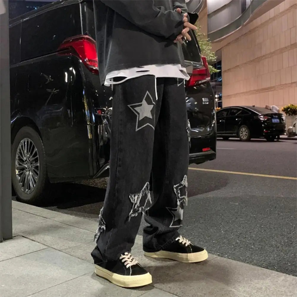 Men Denim Pants Five-pointed Star Pattern Embroidery Loose Wide Leg Streetwear