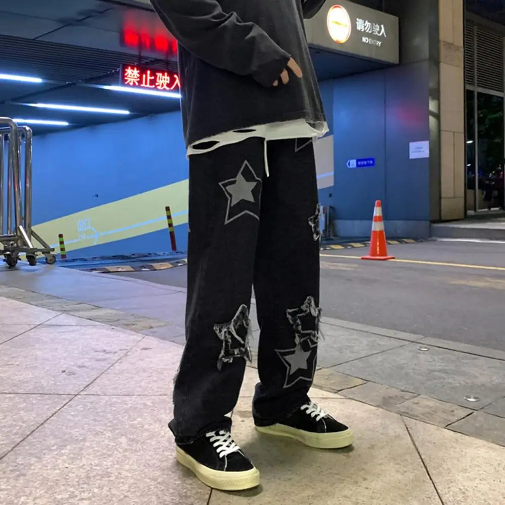 Men Denim Pants Five-pointed Star Pattern Embroidery Loose Wide Leg Streetwear