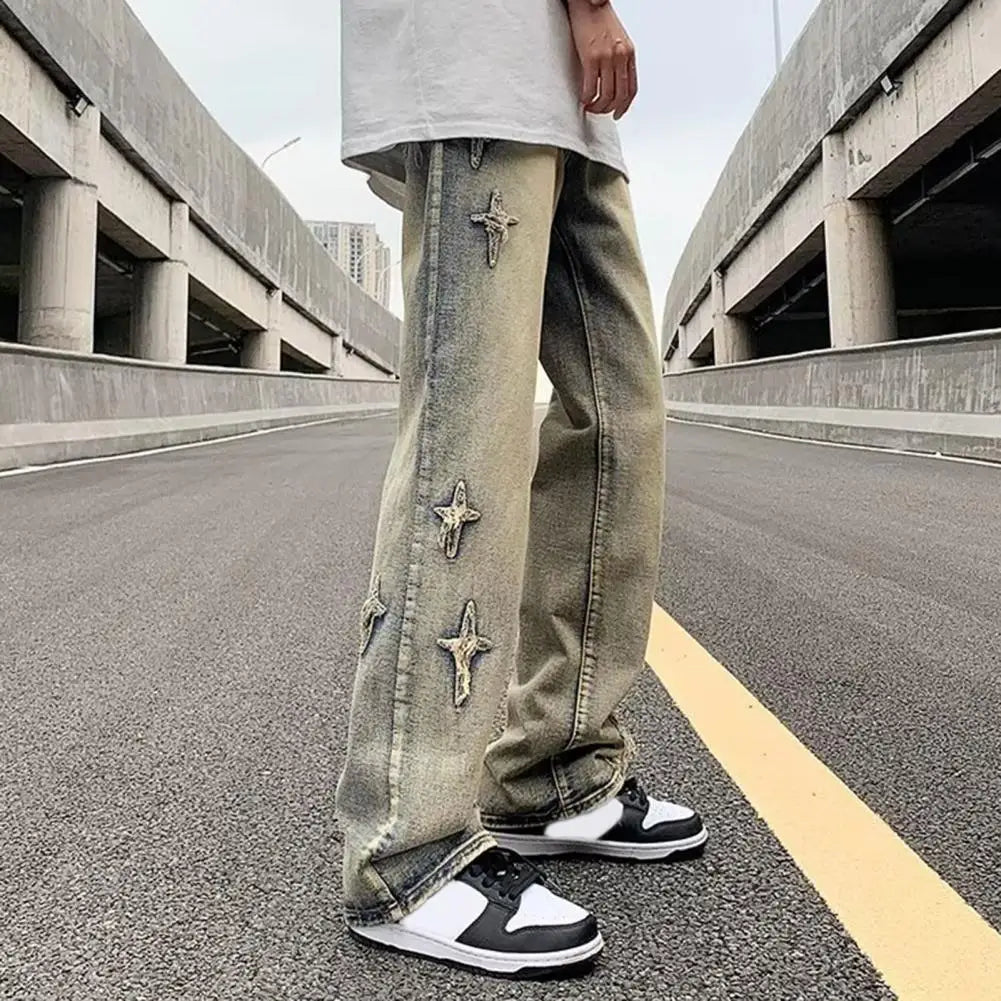 Men Jeans Streetwear Men's Denim Pants with Gradient Cross