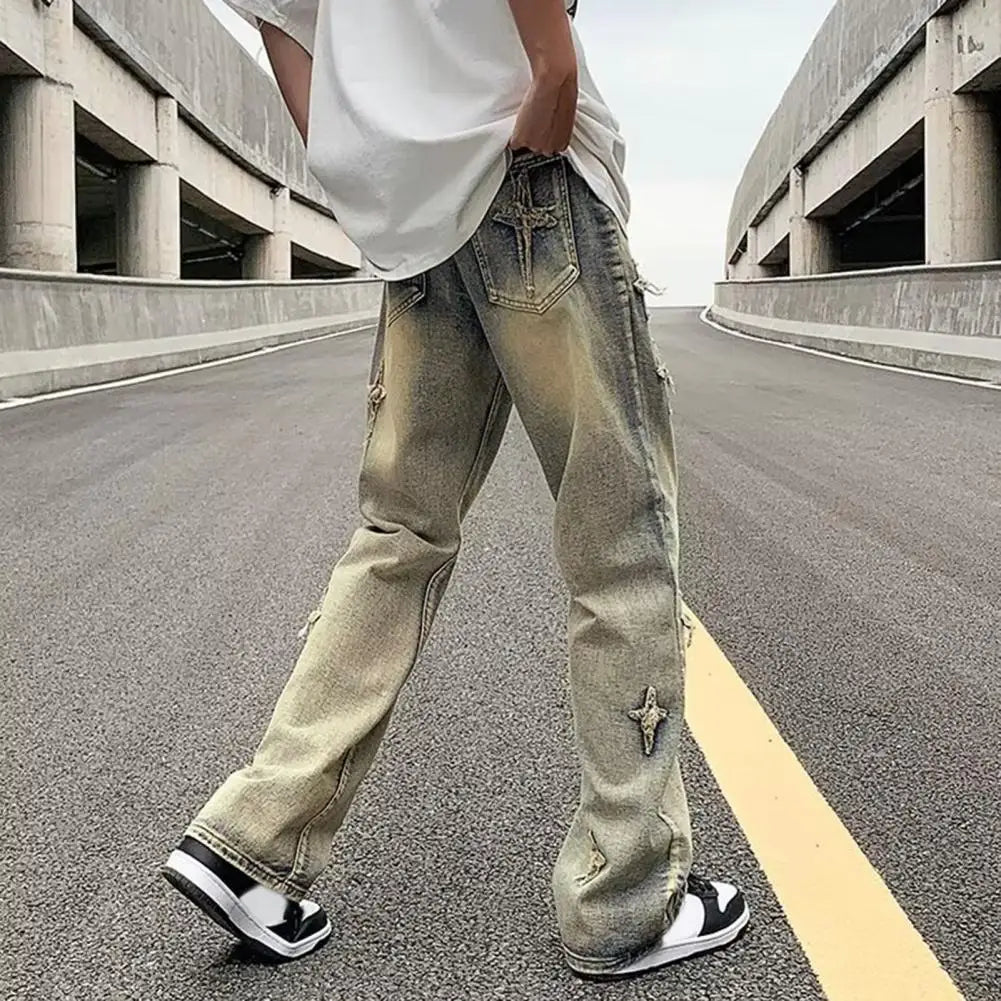 Men Jeans Streetwear Men's Denim Pants with Gradient Cross