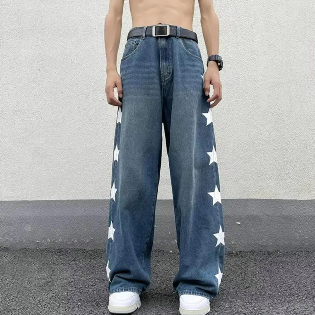 Men Jeans Retro Streetwear Men's Wide Leg Jeans Star Print Solid Color