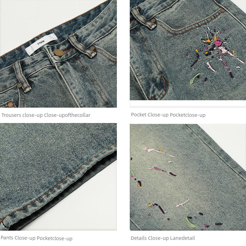 Style Splash-Ink Embroidery Wahsed Jeans