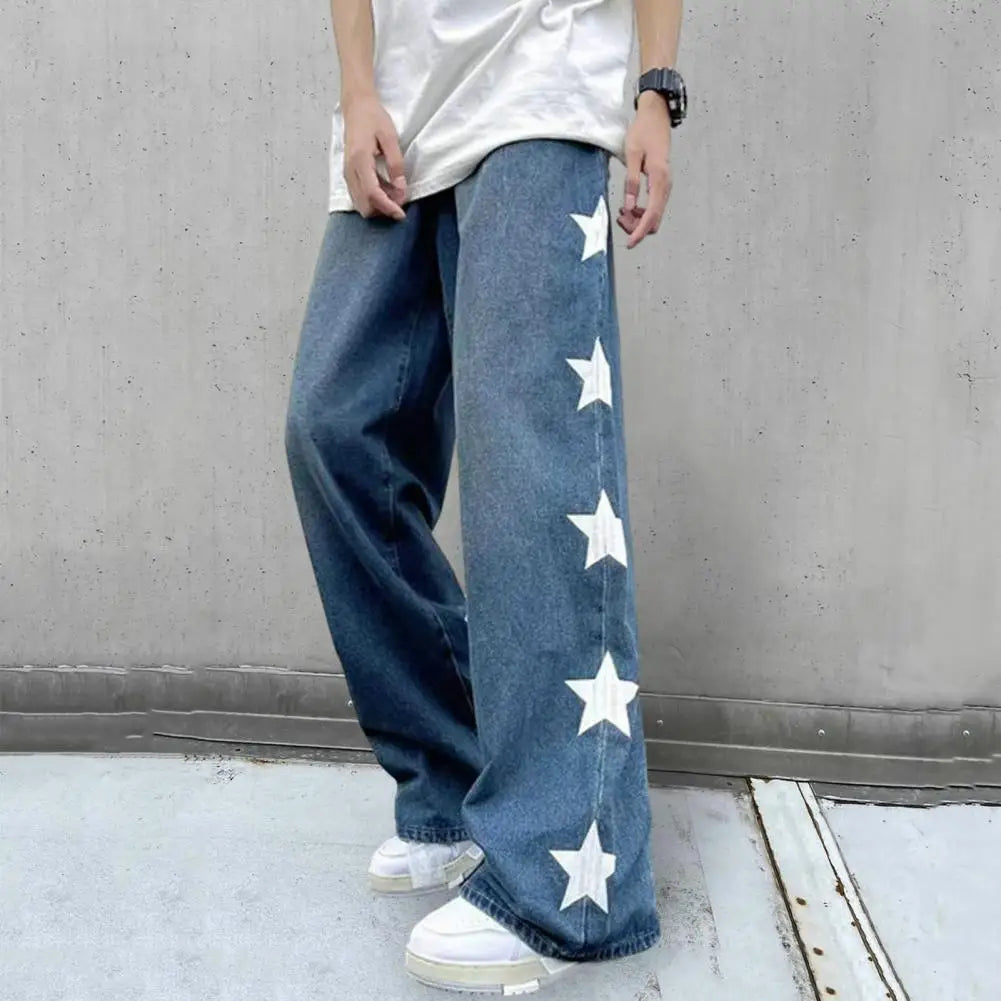 Men Jeans Retro Streetwear Men's Wide Leg Jeans Star Print Solid Color