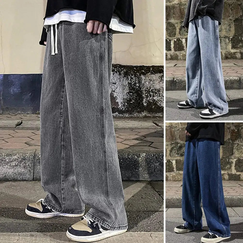 Men Jeans Loose Straight Summer Jeans Drawstring Pockets