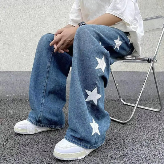 Men Jeans Retro Streetwear Men's Wide Leg Jeans Star Print Solid Color