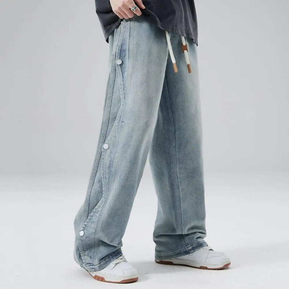 Elastic Waist Denim Men's Summer Denim Pants Adjustable Drawstring Streetwear