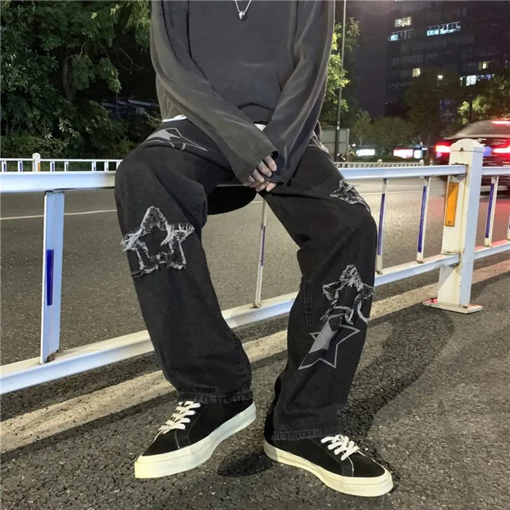 Men Denim Pants Five-pointed Star Pattern Embroidery Loose Wide Leg Streetwear