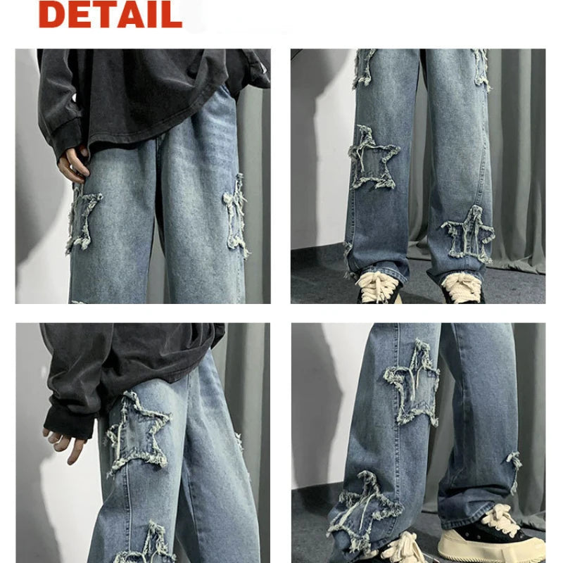 American Retro Five-point Star Embroidered Baggy Men Jeans Pants