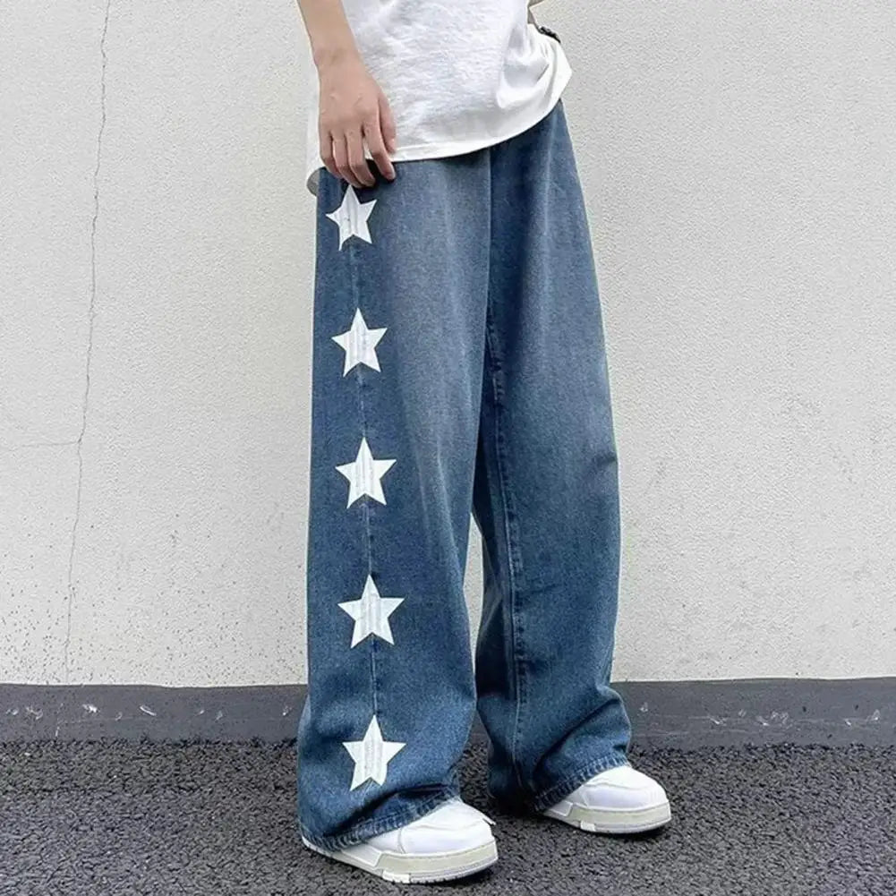 Men Jeans Retro Streetwear Men's Wide Leg Jeans Star Print Solid Color