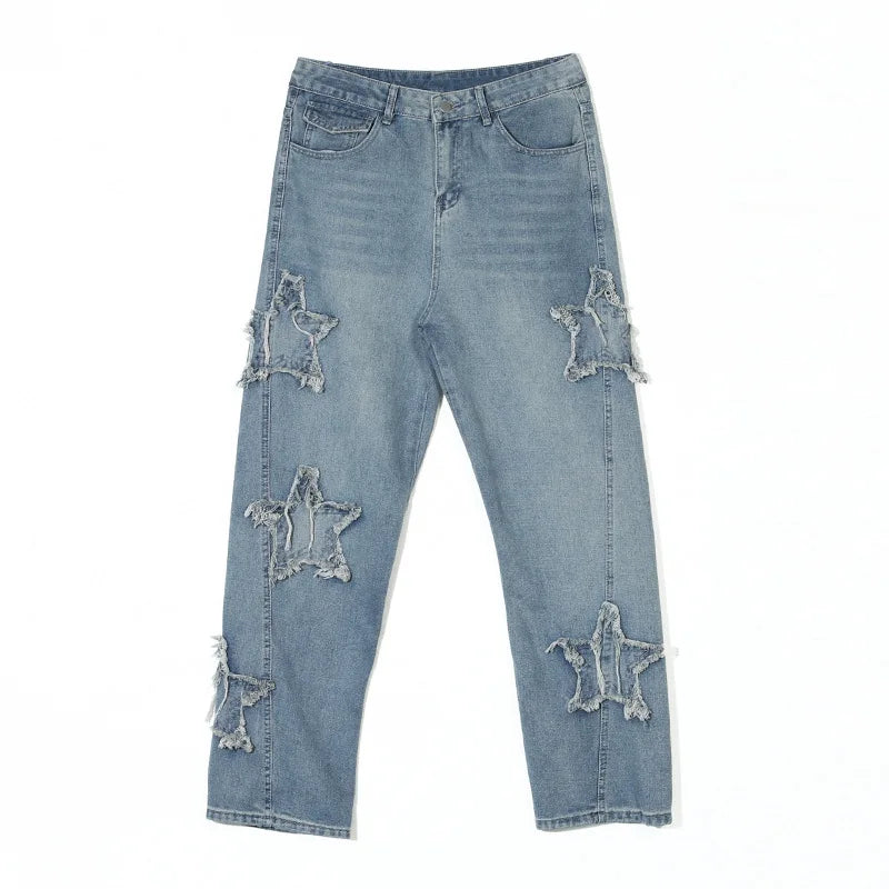 American Retro Five-point Star Embroidered Baggy Men Jeans Pants