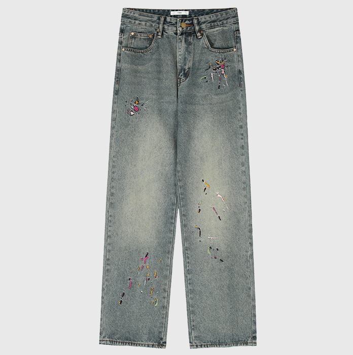 Style Splash-Ink Embroidery Wahsed Jeans