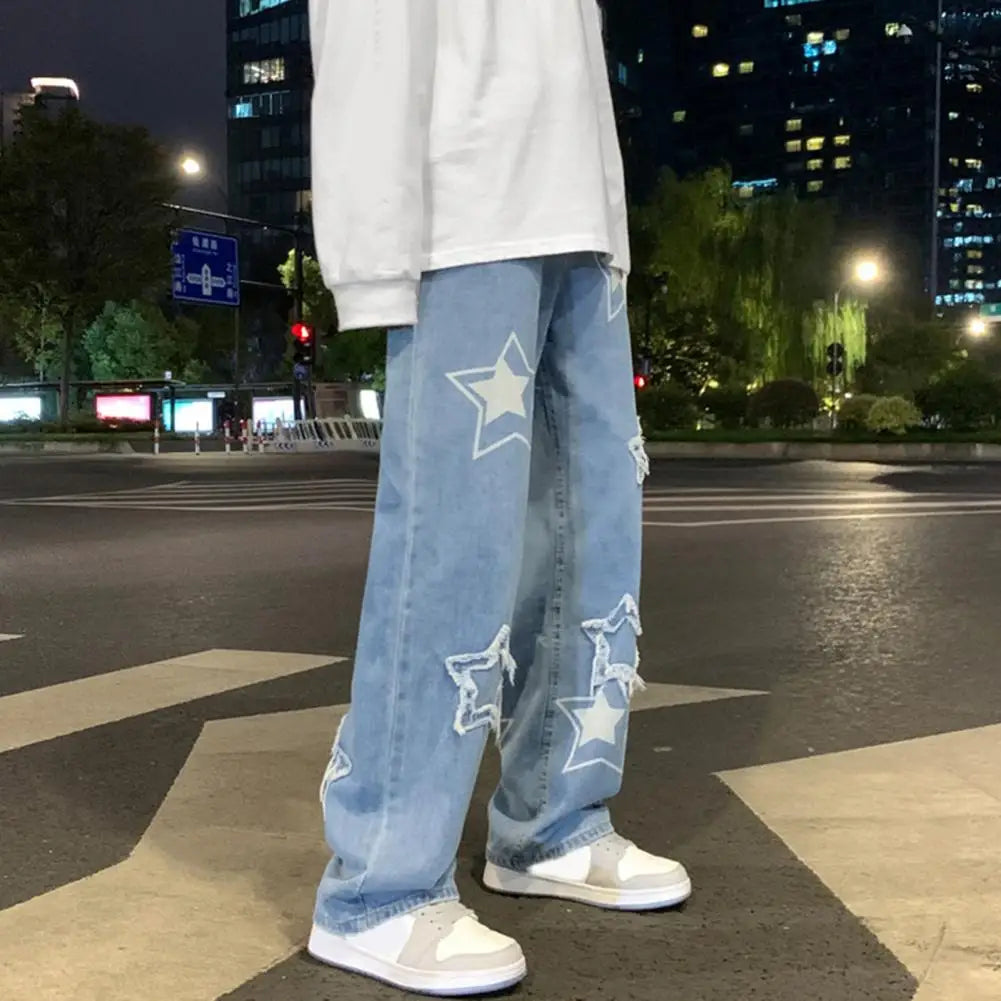 Men Denim Pants Five-pointed Star Pattern Embroidery Loose Wide Leg Streetwear