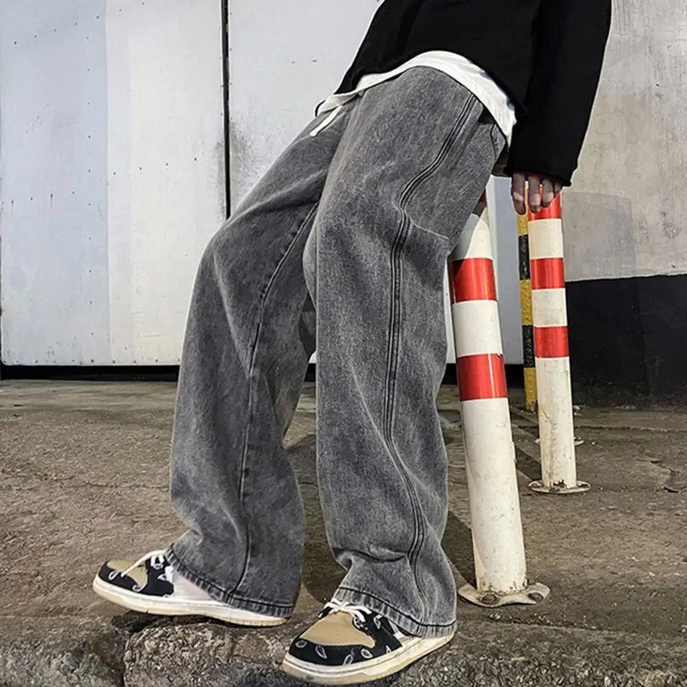 Men Jeans Loose Straight Summer Jeans Drawstring Pockets