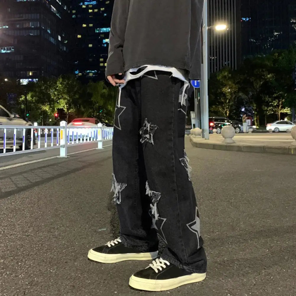 Men Denim Pants Five-pointed Star Pattern Embroidery Loose Wide Leg Streetwear